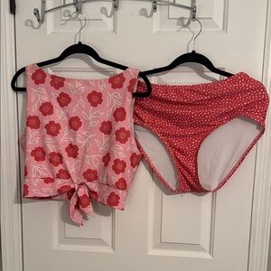 Lime Ricki Pink and Red Floral and Polka Dot Swimsuit Set
